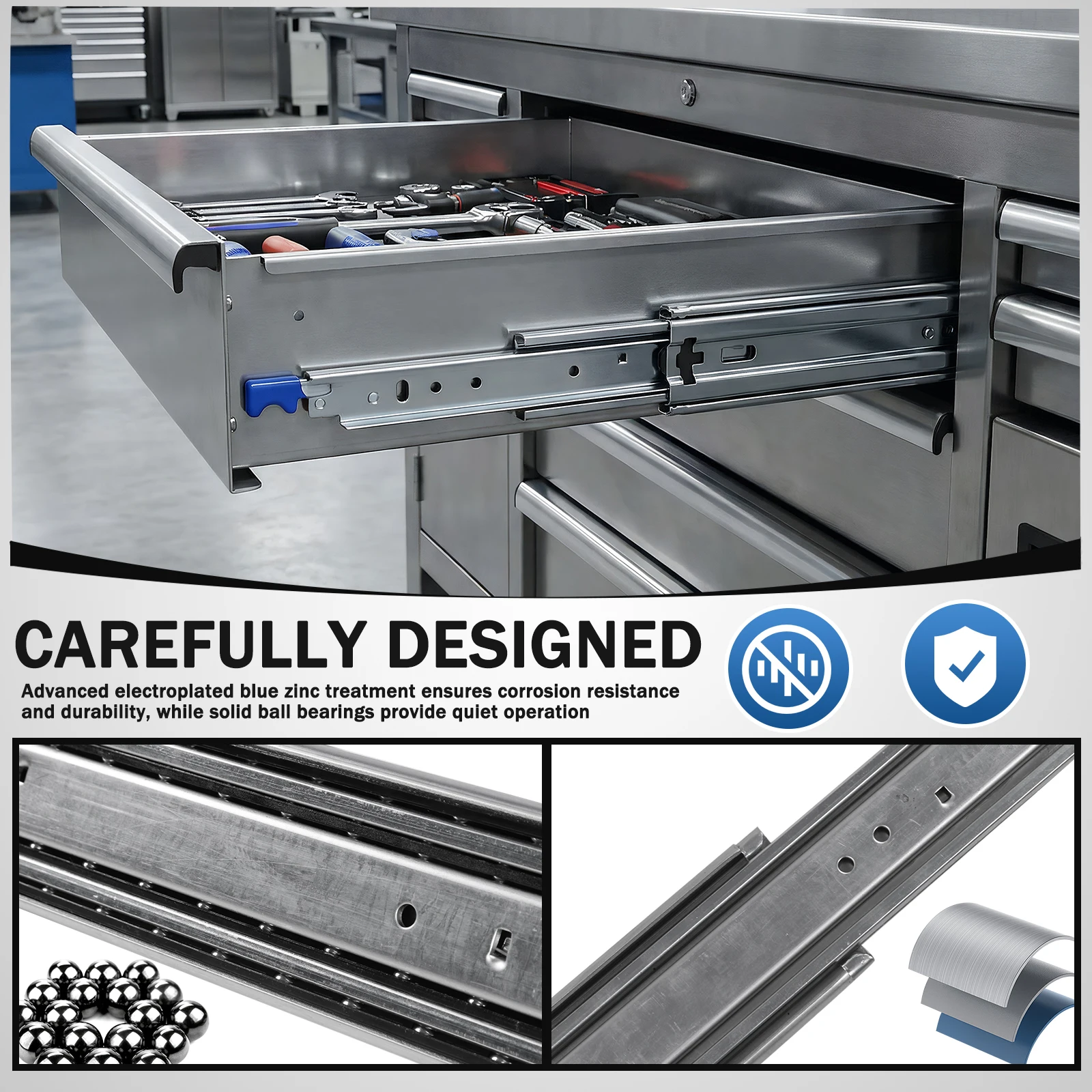 

Пара (2 шт.) 68-дюймовых направляющих для выдвижных ящиков шкафов с замком, 3-секционные, на шарикоподшипниках, стальные, грузоподъемность 500 фунтов