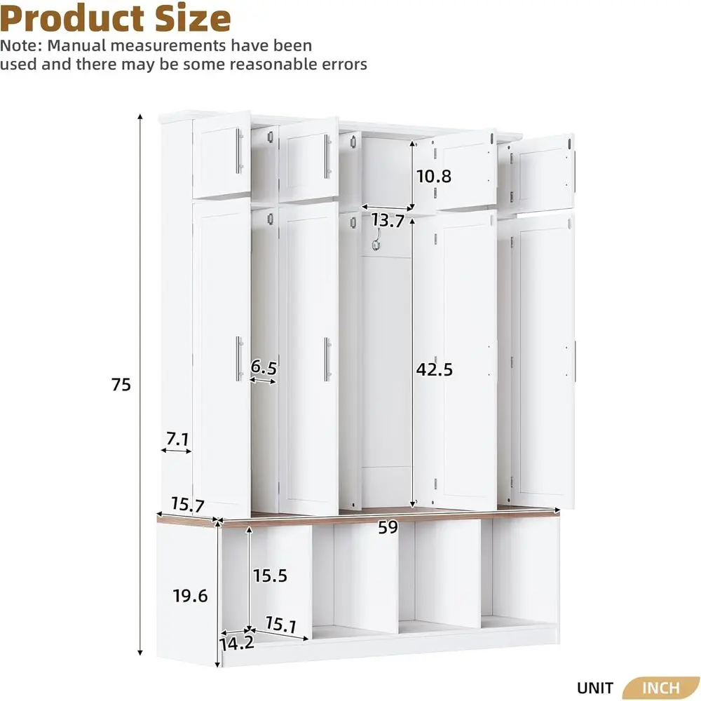 75 High Walnut Storage Bench with Shoe Cabinet and 8 Doors, Mudroom Coat Rack with 4 Hidden Hooks, White image 2