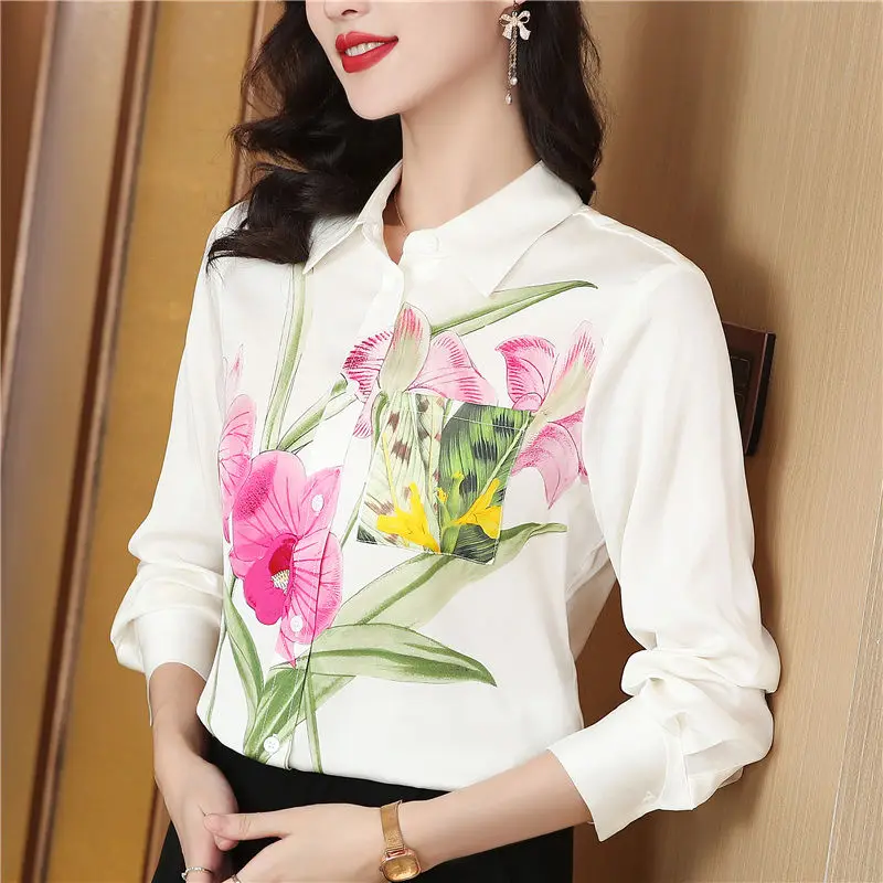 Elegant and Sophisticated Temperament Customized Printed Elastic Satin Long Sleeved Shirt Women's Spring New Style