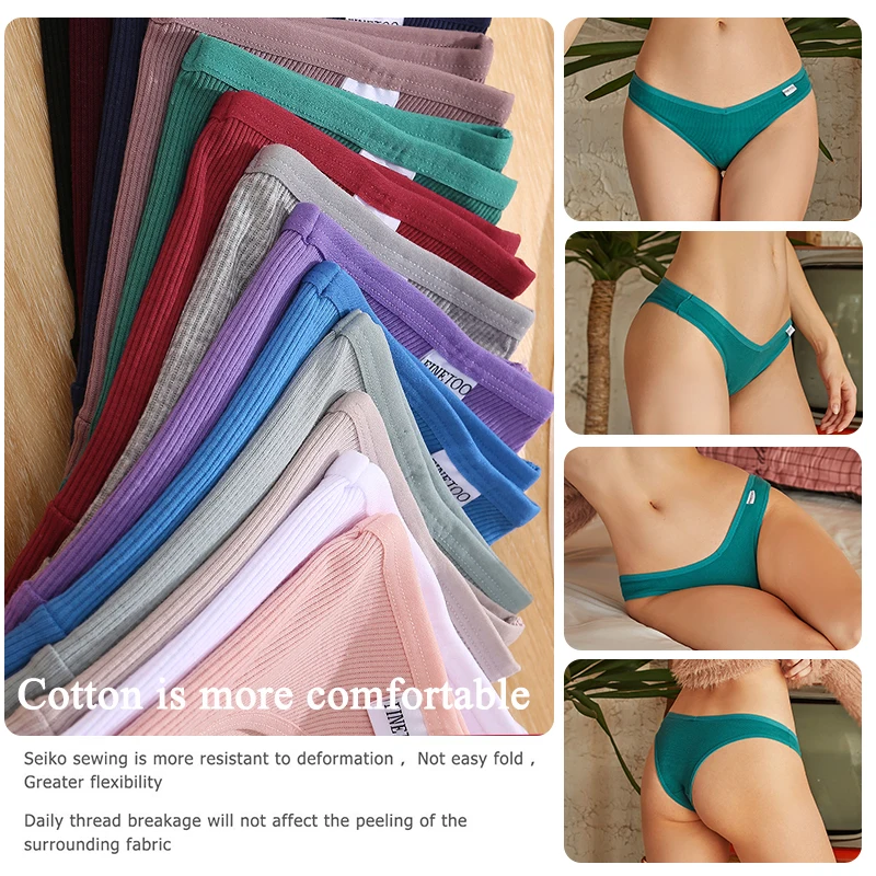 FINETOO-Conjunto de bragas de algodón para mujer, ropa interior Sexy, tangas de tiro bajo, Bikini brasileño, 3 unidades