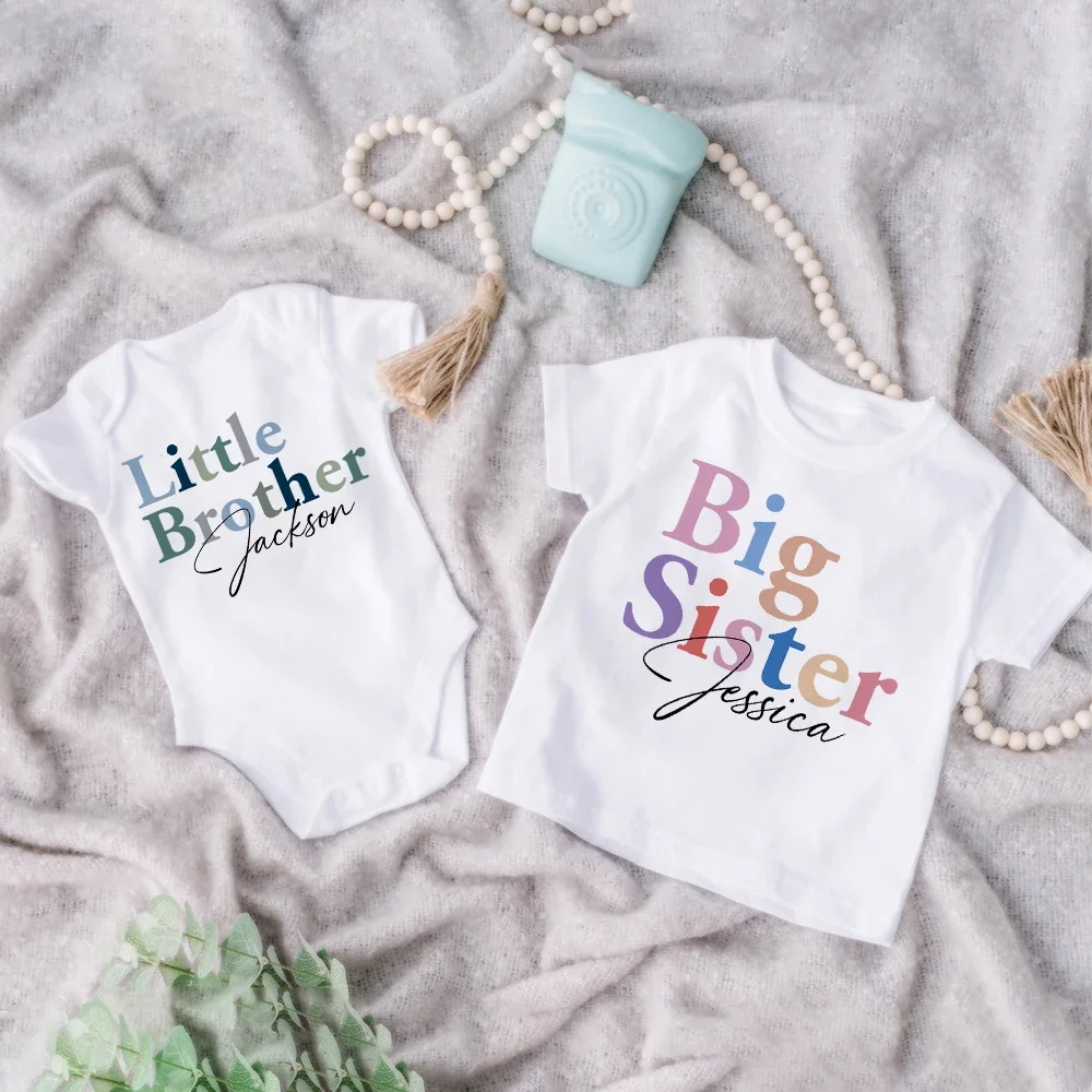 Big Sister Little Brother Matching Clothes Personalized Sibling Shirt Custom Name Kids T-shirt Top Baby Bodysuit Look Outfit Top