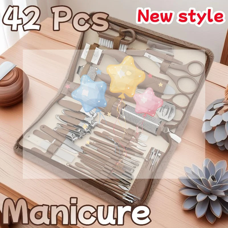

42 Pcs Nail Clipper Kit Zipper Leather Bag Stainless Steel Manicure Set Manicure For Fingernails Toenails Manicure Tools