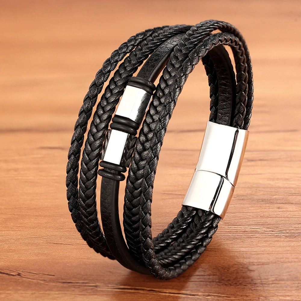 

XQNI Luxury Vintage Multilayer Leather Men Bracelet Bead Bracelet Stainless Steel Charm Jewelry Male Wrist Bangle Birthday Gift
