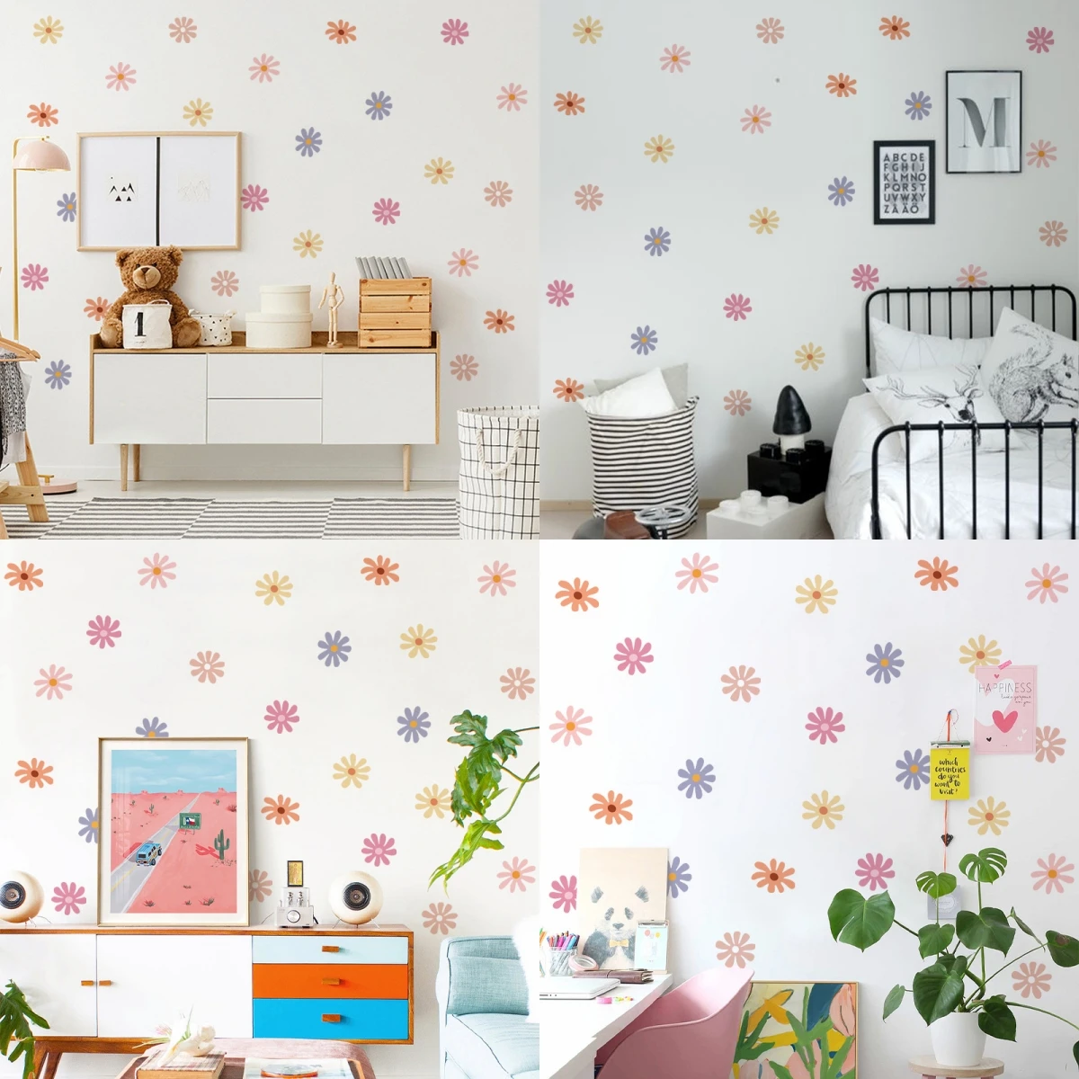 4sheets Wind Color Daisy Wall Sticker for Childrens Room Living Room Warm Bohemian Style DIY Wall Decoration Layout Decal