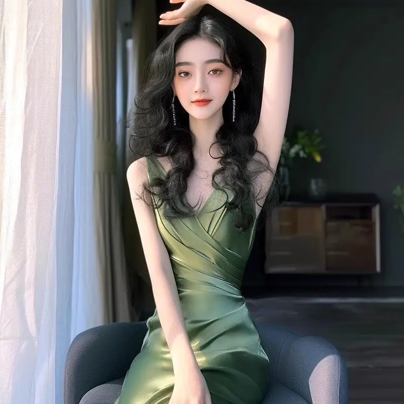 

French Fashionable Waist Wrapped Elegance Celebrity Style Dress Women's Summer Luxury Green Dresses Female Clothing