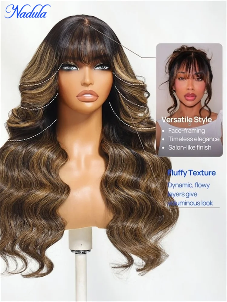 Nadula Balayage براون الانفجارات غلويليس باروكة من شعر طبيعي الجسم موجة 13x4 الأذن إلى الأذن قبل قطع الدانتيل أمامي باروكة من شعر طبيعي جاهزة للارتداء
