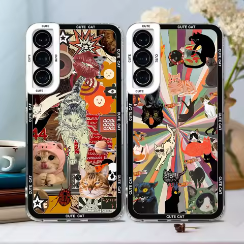 Phone Case For Samsung Galaxy S25 Plus S20 S21 S22 S23FE S24 Ultra A54 A55 A53 A35 5G TPU Soft Cover Cat Puzzle