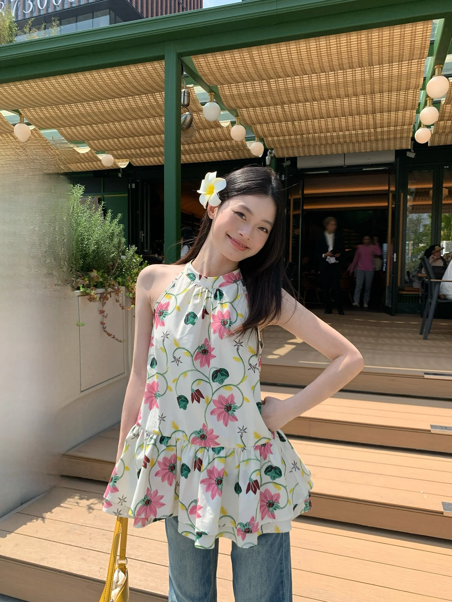 

Beautiful Pink Green Floral Neck Hanging Strap Vest Women's Summer New Loose Design Unique Casual Top by Song Zhengen
