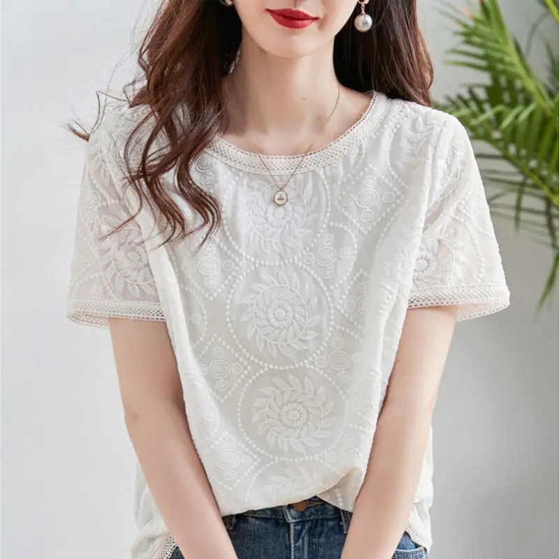 

Summer Women's Pullover Round Neck Solid Color Geometric Lace Panel Gauze Short Sleeve Chiffon Shirt Fashion Casual Elegant Tops