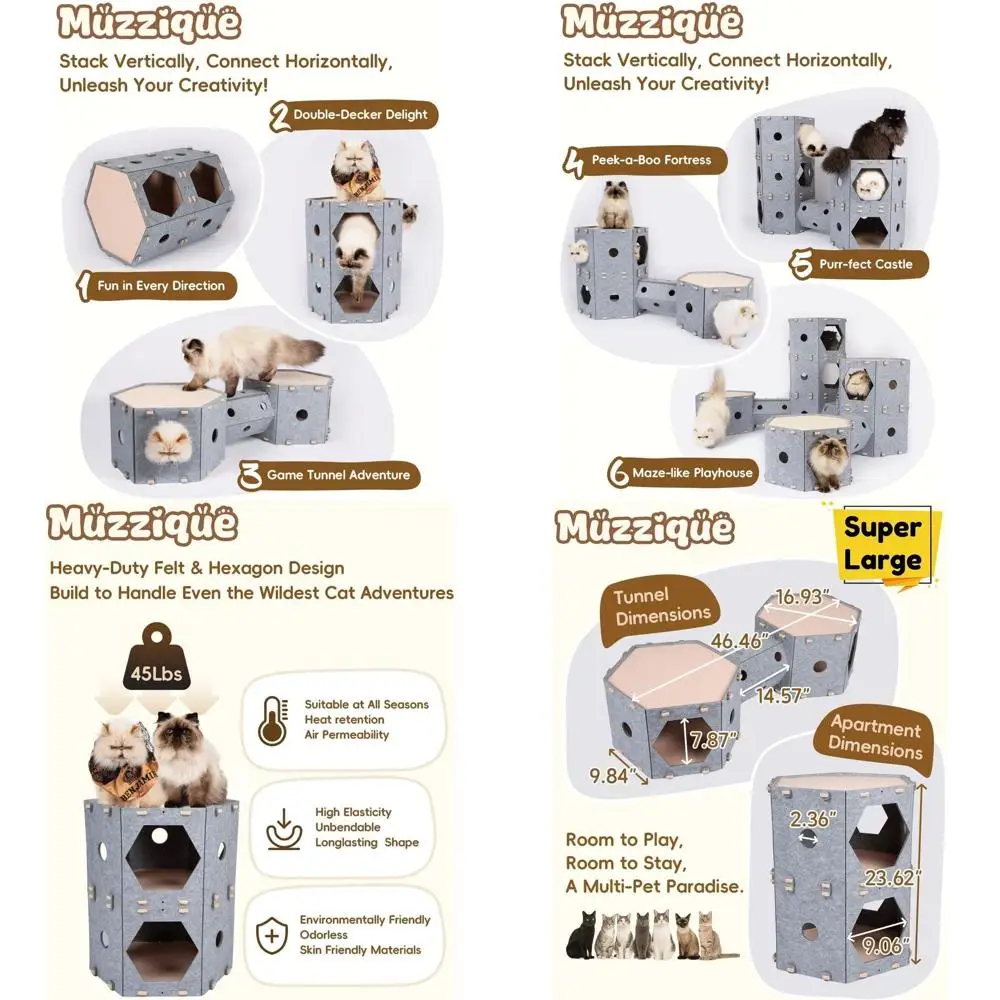 

Домашний домик для домашних животных с щеткой для волос, расширяемый фетровый туннель, модульная кондоминирование для кошек, штабелируемая кошачья пещера, многоэтажная спальная кровать, 2-T