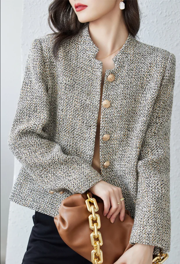 Spring Autumn Women Tweed Jacket French High Quality Luxury Celebrity Chic Short Blazer Coat Stand-up Collar Slim Outerwear Tops