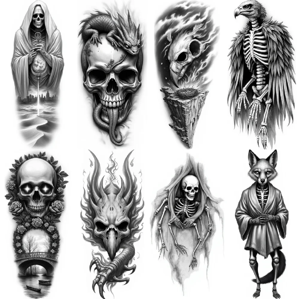 3pcs Temporary Tattoo Serpent Skull Black And Grey Realism Hooded Skull With Orb Skeletal Bird Realistic Temporary Tattoos For - view 5