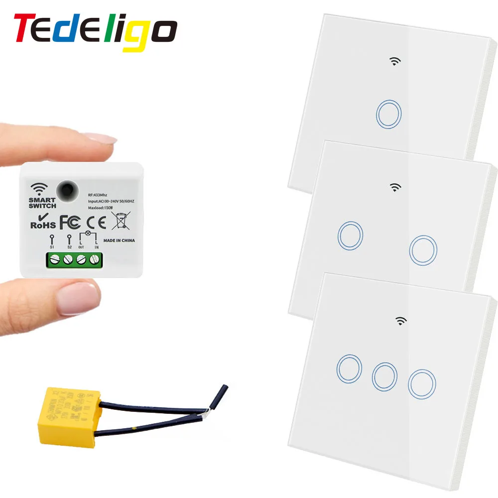 TEDELIGO Smart Light Switch Without Neutral 220V 130W Breaker Wireless Touch Button Wall Switch Mini Relay 2-Way On/Off Module