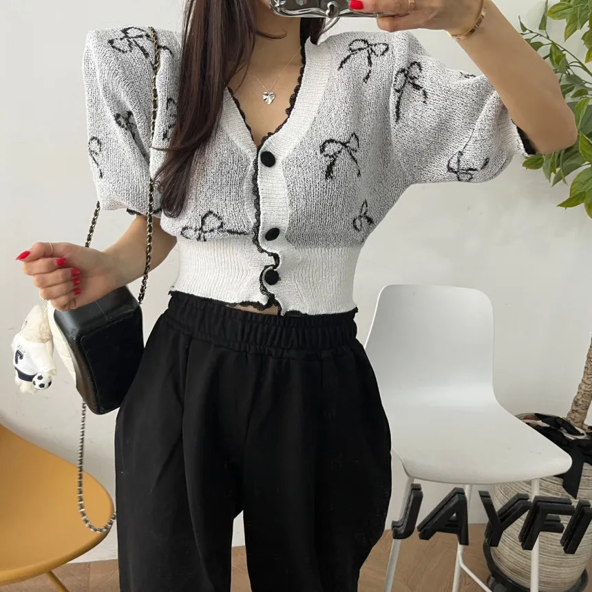 

Color Block Lace Trim Knitted Top Women's V Neck Button up Slim Fit Knot Open Cardigan Short Sleeve Spring Fashion