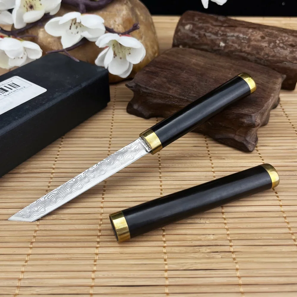 

Mini Damascus Steel Fixed Blade Knife Ebony Handle EDC Hiking Hunting Knife Portable Outdoor Survival Tactical Knife with Sheath