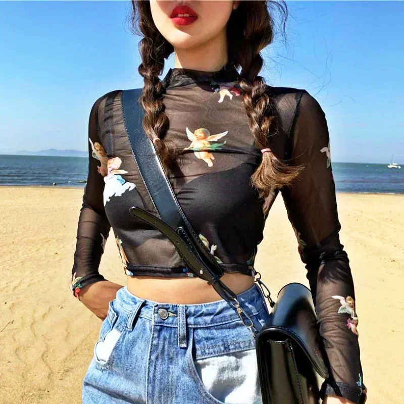 Sexy T-Shirt Angle Printed Transparent Mesh Women O-Neck Long Sleeve Slim Basic Casual Female Short Tops 2024 Spring New