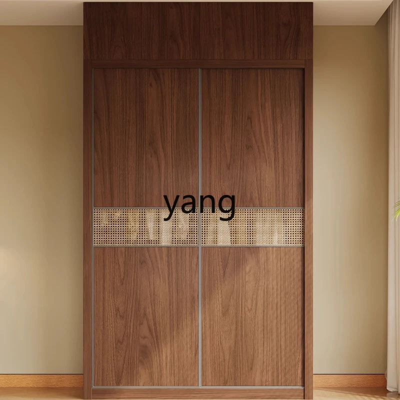 

LMM all solid wood sliding door wardrobe bedroom home antique rattan storage cabinet