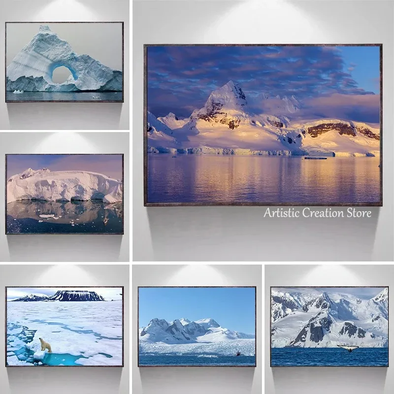 Winter Snow Scene Canvas Painting Antarctic Glacier Iceberg Photography Picture Canvas and Printmaking Room Decoration