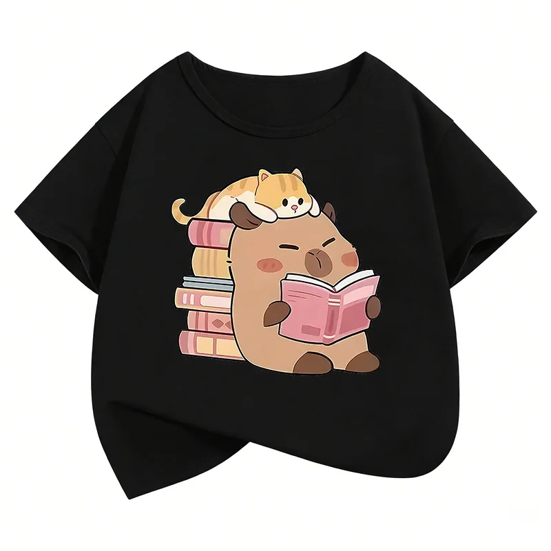 Summer Spring Cute Cat with Capybara Reading Book T Shirts Short Sleeve Kids Children's T-shirt Boys Girls Casual Top Tee Shirt