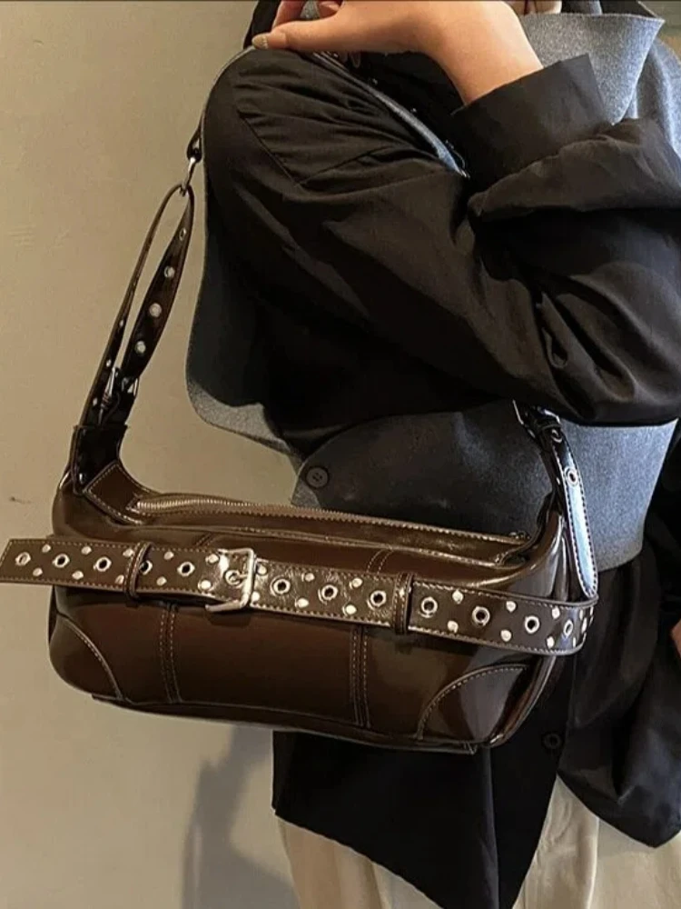 

Women's Punk PU Leather Shoulder Baguettee Bag with Rivet Belt Buckle for Work Shopping Travel Daily Use