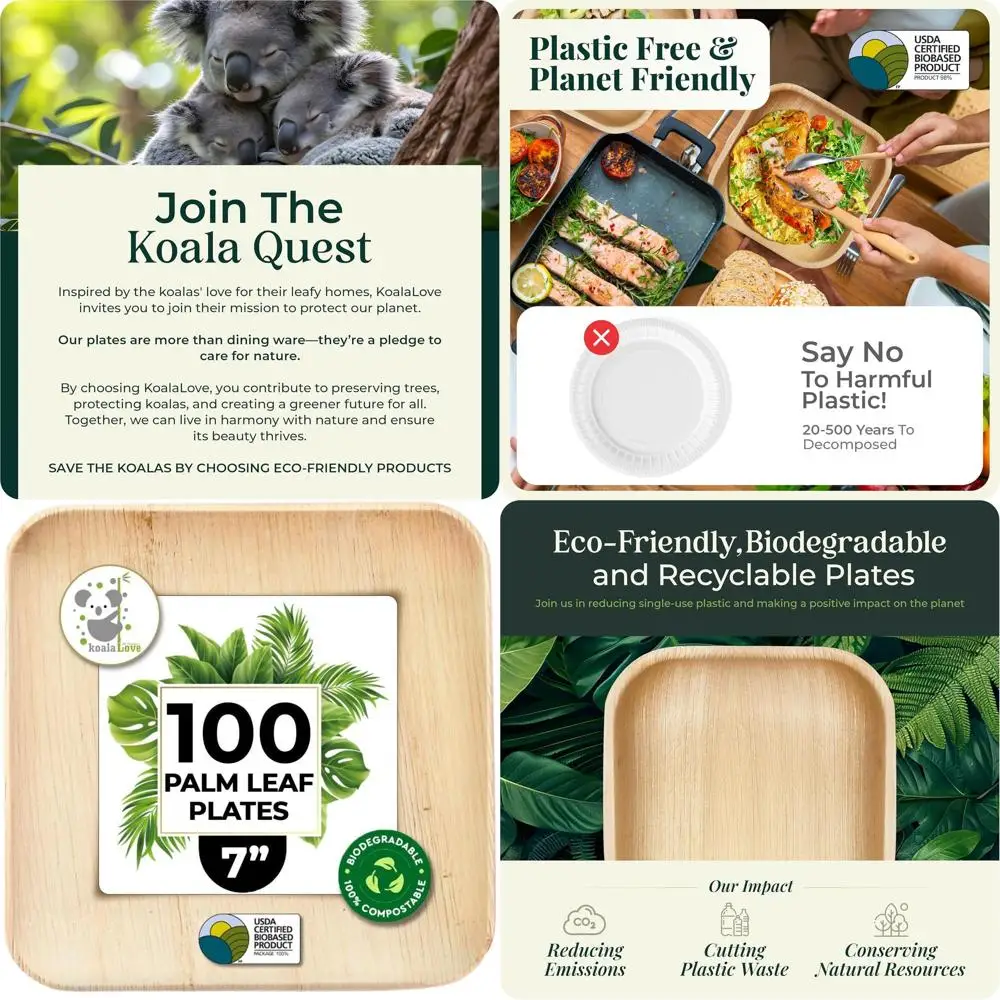 

Elegant 7 Bamboo Palm Leaf Plates, 100 Pack, Sturdy & Eco-Friendly Alternative to Paper & Plastic, by Koalalove