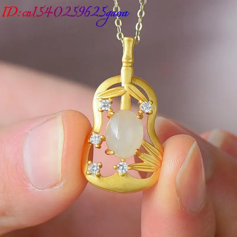 Natural Jade Bamboo Pendant Necklace Talismans Real Jewelry Gifts for Women Vintage Amulet Fashion Accessories 18K Gold Plated