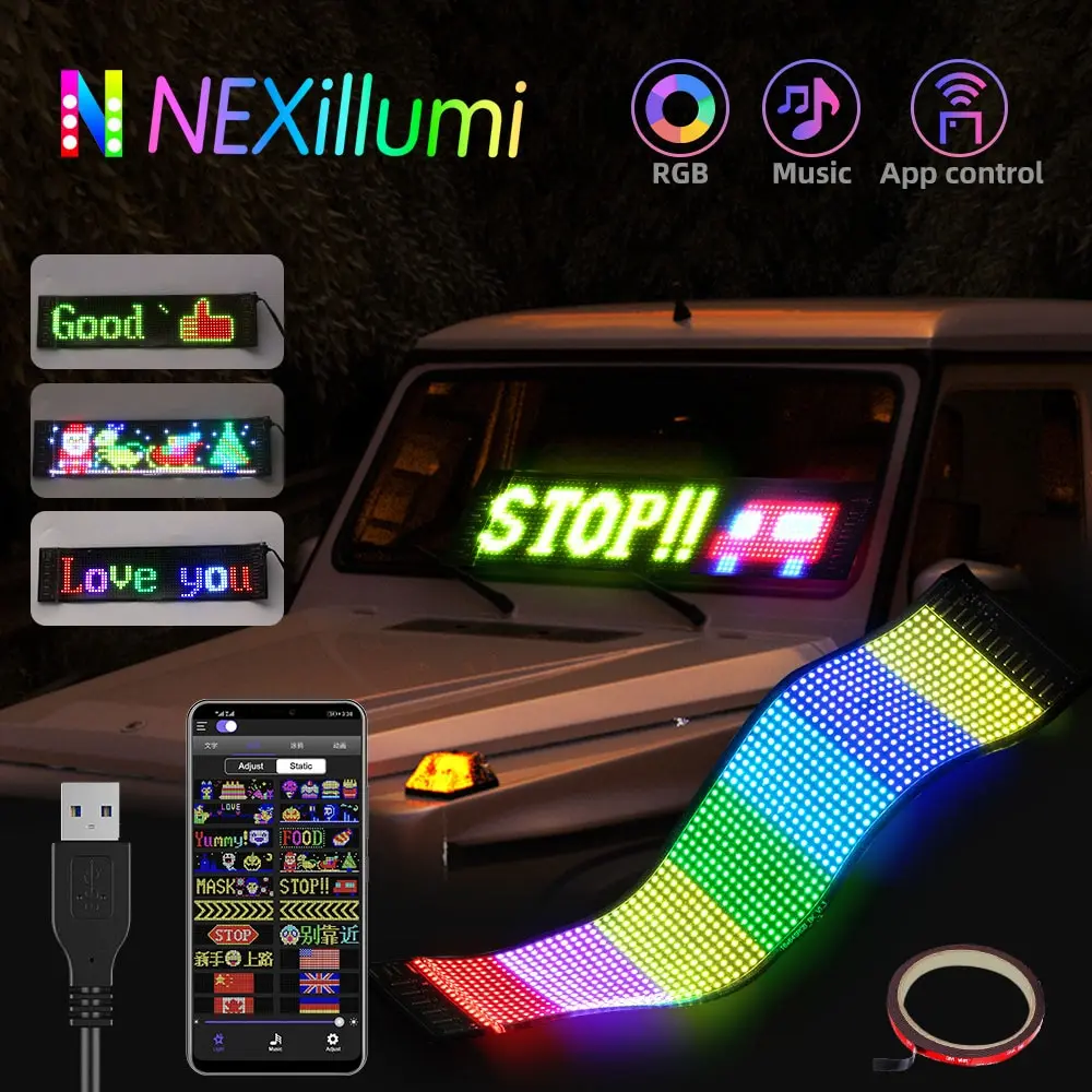 Scrolling Advertising LED Sign USB 5V Bluetooth App Control Logo Light Custom Text Pattern Animation Programmable Display Car