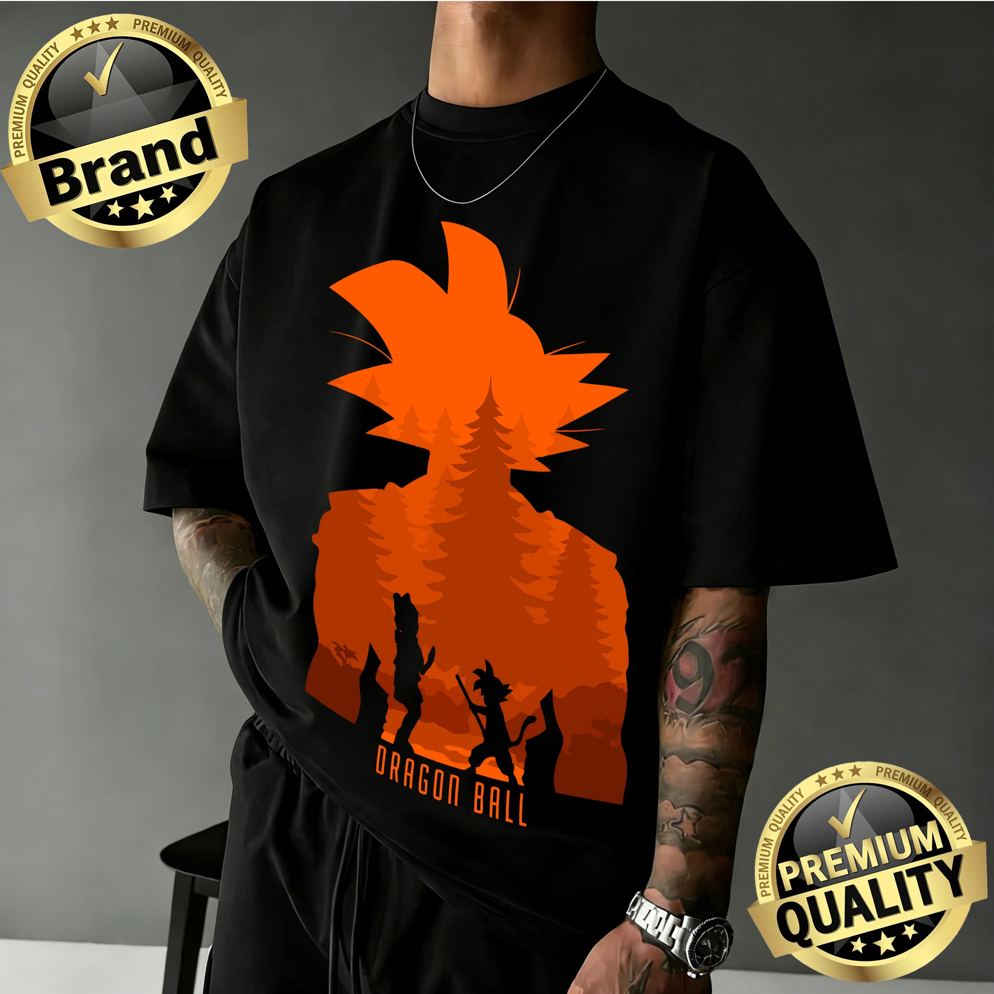 2026 Neuerscheinung Dragon Ball Übergroßes Retro Anime T-Shirt |   Goku Silhouette Retro-Grafikdruck, 100 % Baumwolle, Y2k-T-Shirt für die Familie