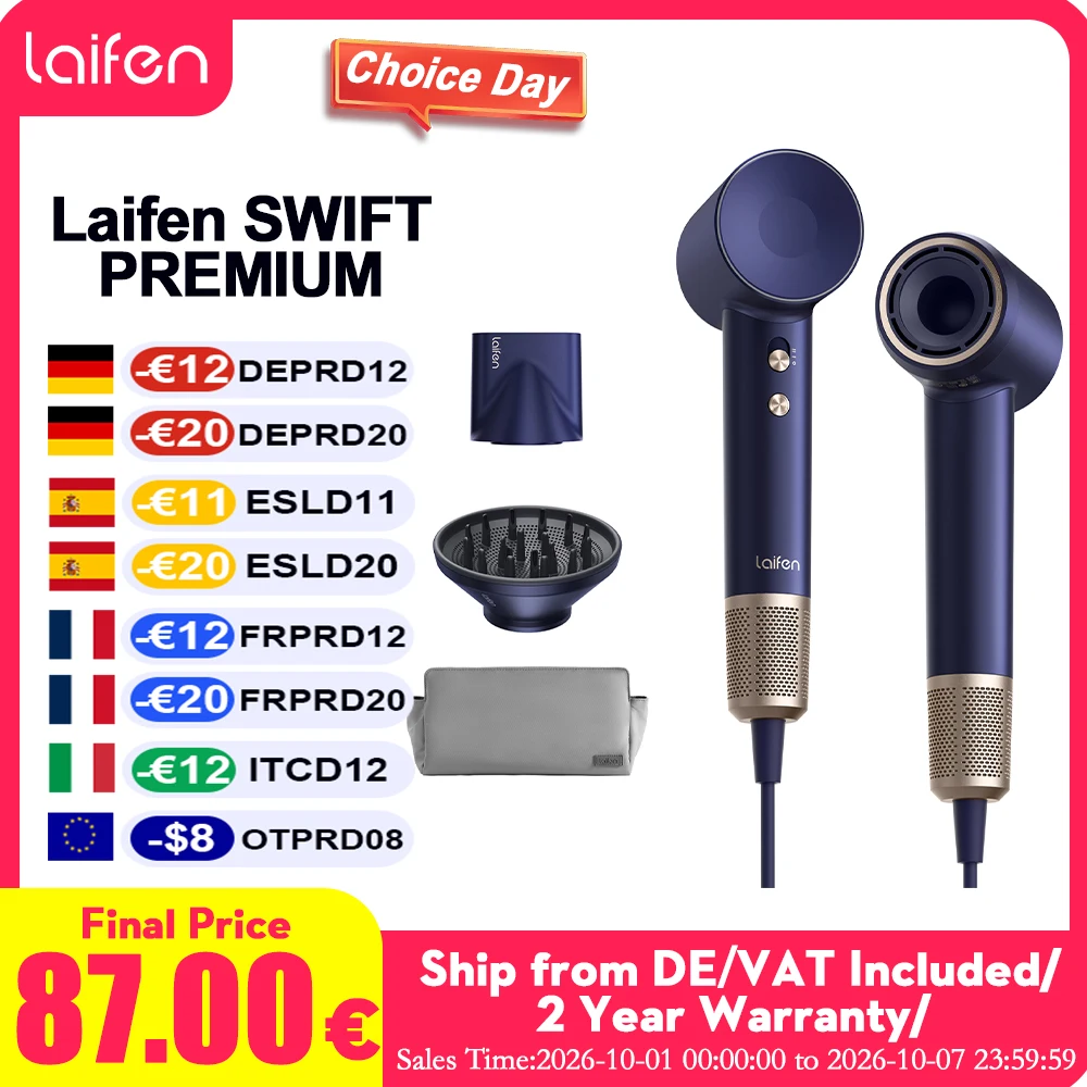 Laifen Swift Premium 22M/S 110000Rpm Motore Brushless con Riduzione del Rumore, Asciugatura Ultra Silenziosa 3 Volte Più Veloce