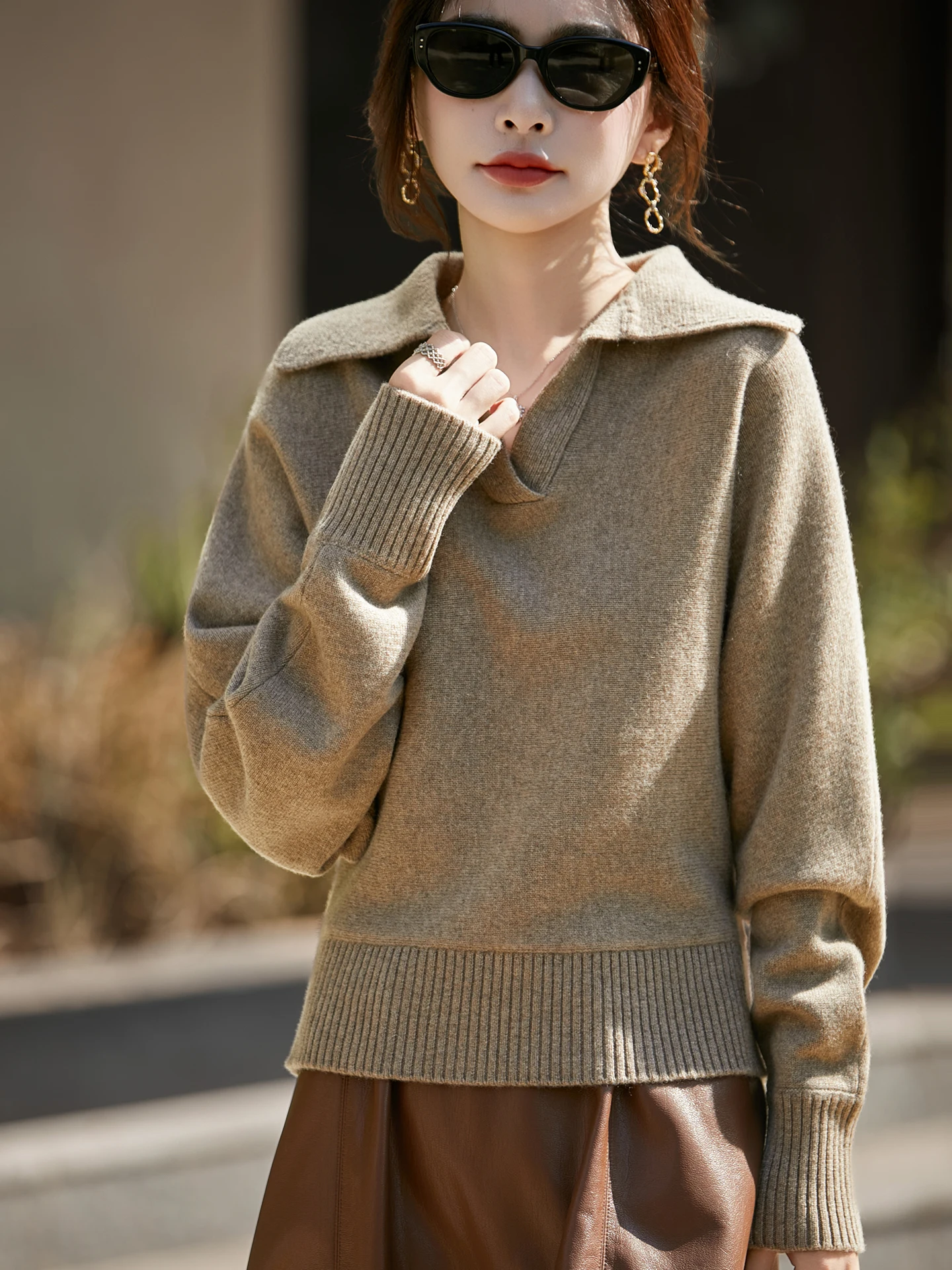 

Women's 100% Merino Wool Sweater Polo Collar Pullover Thickened Batwing Sleeve Knitwear Autumn Winter Seasonal Essential Tops