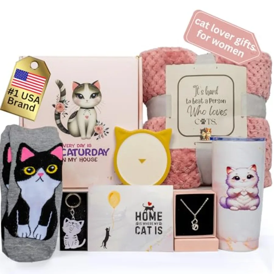 

Luxury Cat Gifts for Cat Lovers 8pc Feline Set with Premium Blanket and Shatterproof Steel Tumbler Feline Mom Gifts Box Cats Th
