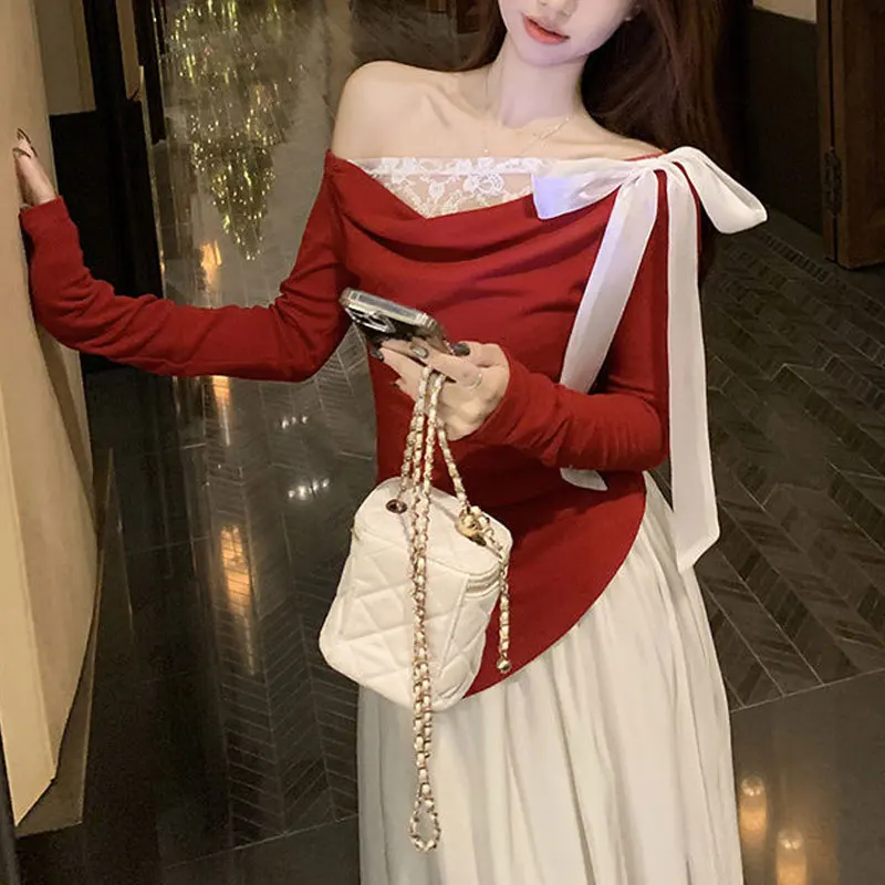 

Elegant Skew Collar Slim Pullovers Female Clothing Solid Color Spring Autumn Lace Spliced Chic Drawstring Bow Irregular T-shirts