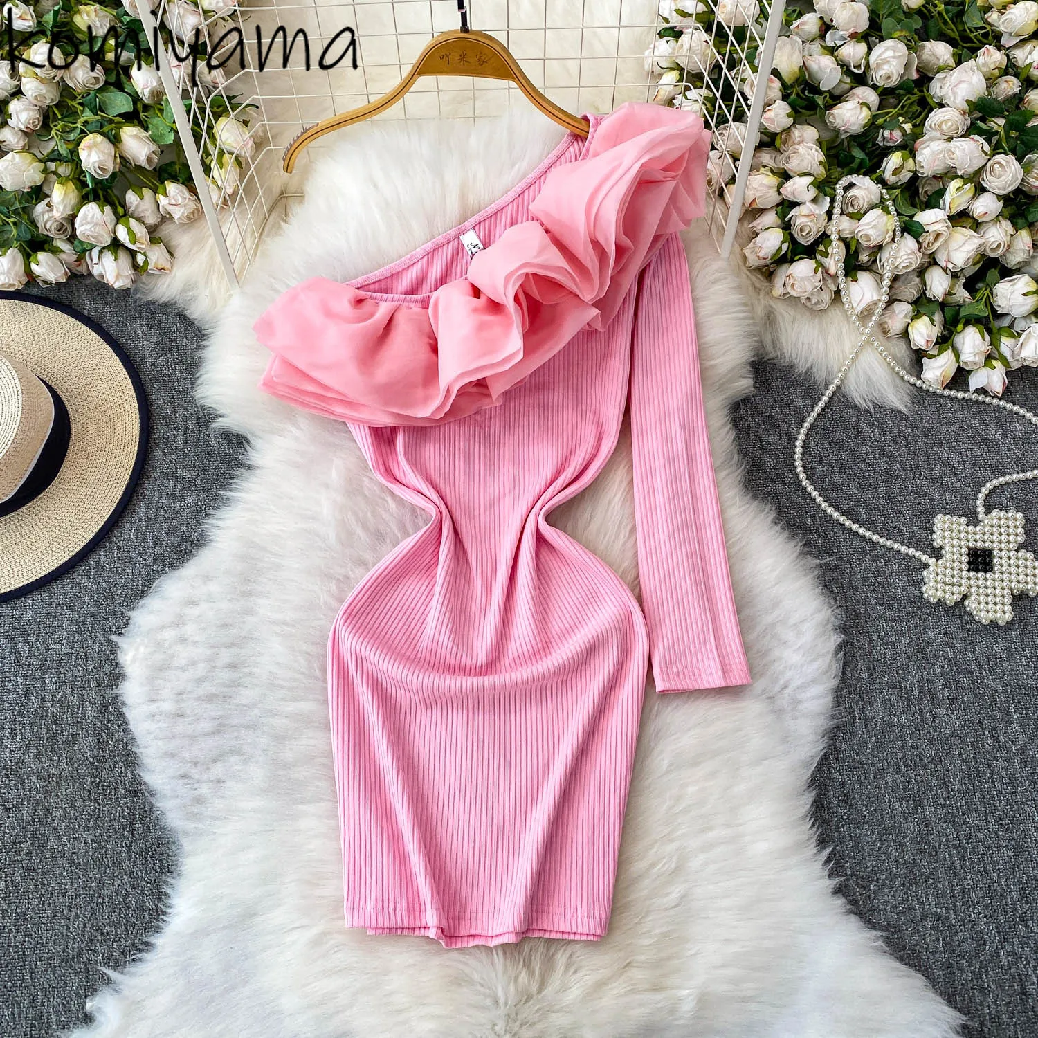 

Skew Collar Off Shoulder Vestidos Elegant Ruffles Woman 2025 Dress Knit Spliced Dresses Mini Robe Pure Desire Style Ropa Mujer