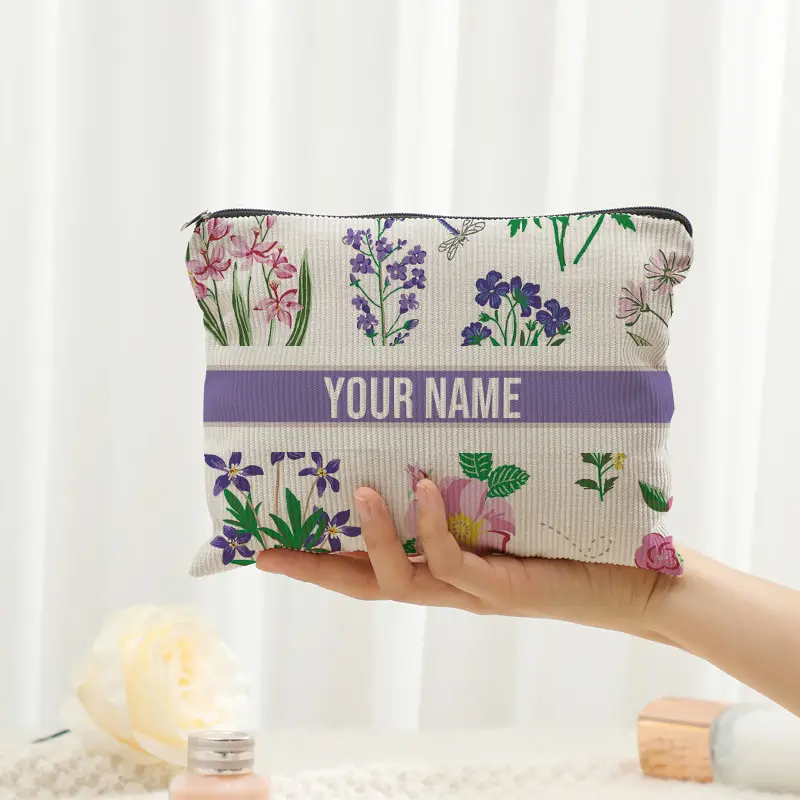 Custom Name Corduroy Makeup Bag Botanical Wildflower Print Cosmetic Pouch Personalized Women Travel Toiletry Storage Bag