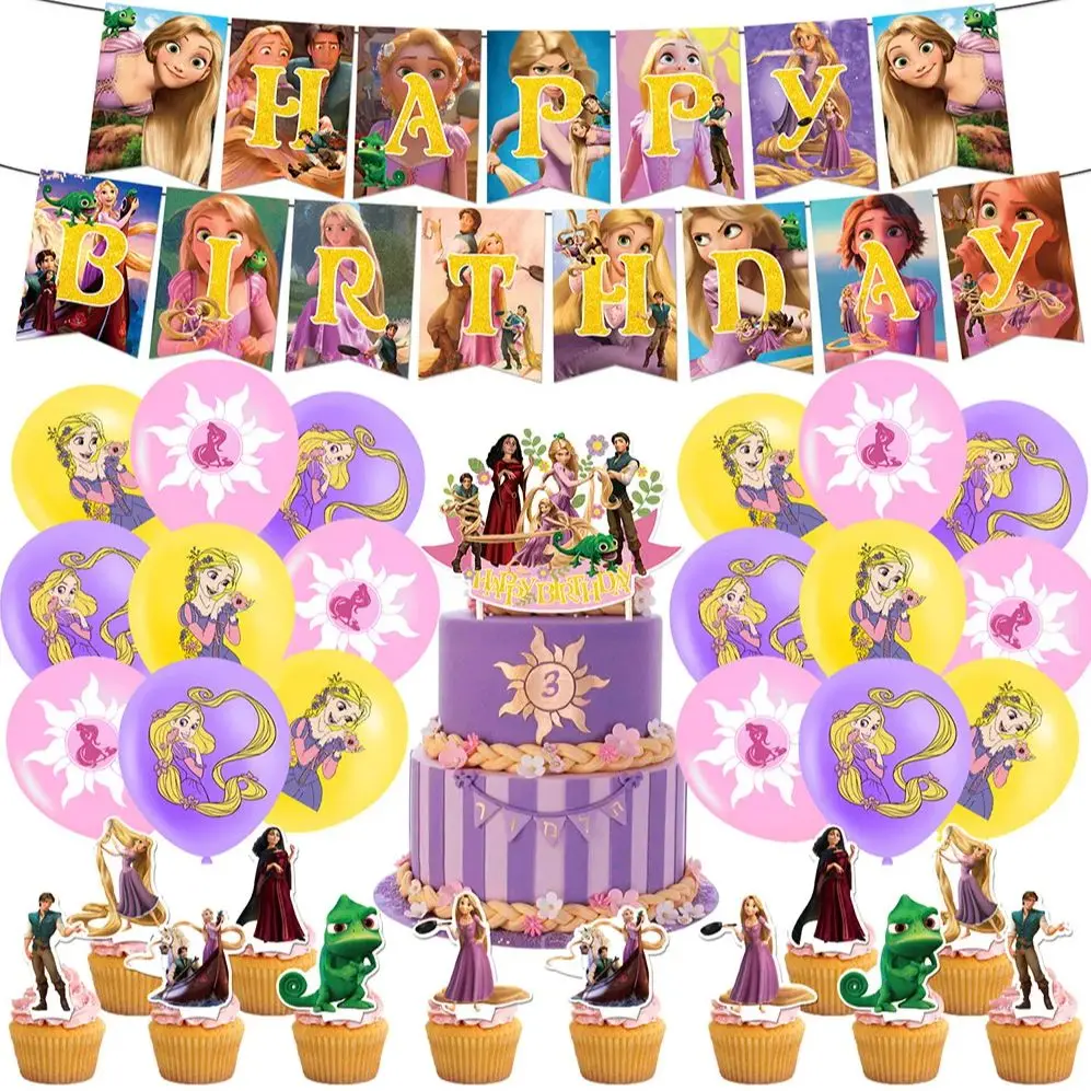 

Tangled Rapunzel Princess Theme Birthday Party Supplies Balloon Banner Cake Topper Background Baby Shower Decor Photography Prop