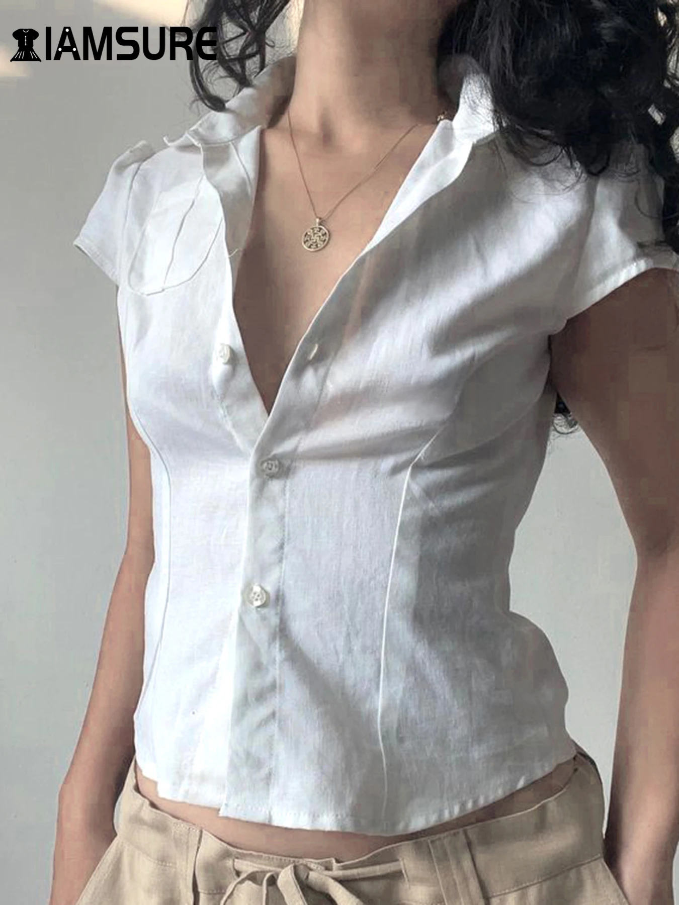 IAMSURE Elegant Fashion Slim Solid Blouse Preppy Style Casual Basic Turn-Down Collar Short Sleeve Shirts Women 2024 Office Lady