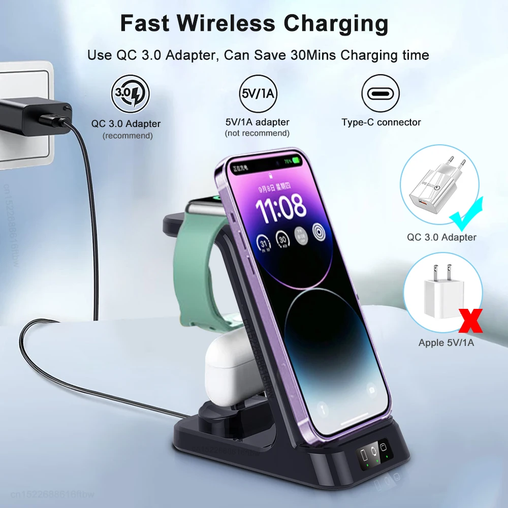 Wireless Charger 3 in 1 For iPhone 15 14 13 Pro Max 15W Qi Fast Charging Dock Station For Apple Watch Series 8 9 Chargers Stand