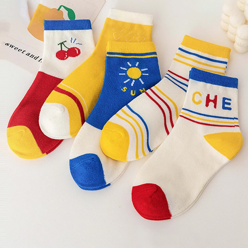 5 Pairs Of Autumn New Cherry Series Mid-Tube Socks Stylish Color Contrast Children's Socks High Elastic Comfortable Casual Socks