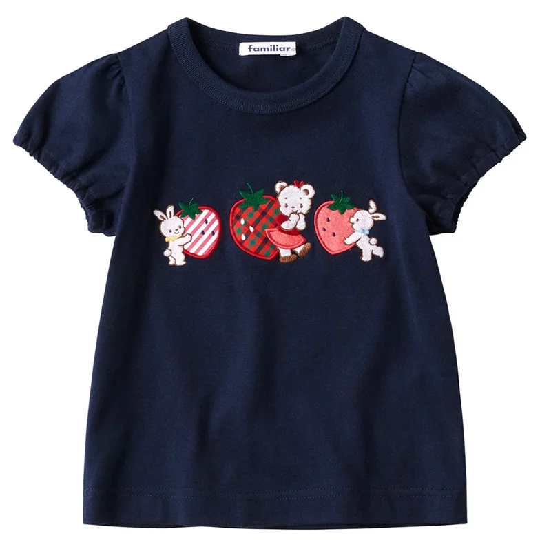 Familiar Girl\'s Short Sleeved Knitted Embroidered T-shirt Versatile Plaid Skirt Height（90-130）cm Cartoon Bear Rabbit