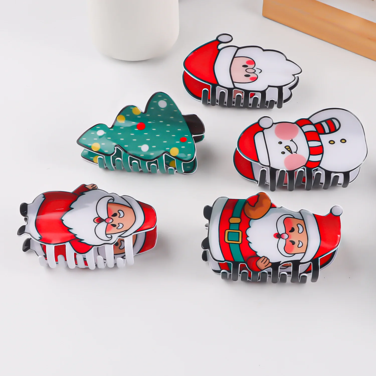 DS New Style Christmas Santa Claus Snowman Print Hair Claw Christmas Series Claw Clips Crab Hair Clip for Women Akcesoria do włosów