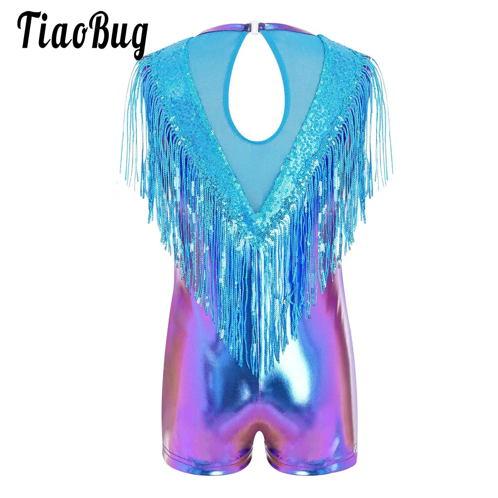 Kids Girls Tassels Sequin Jazz Dance Ballet Gymnastic Jumpsuit Sleeveless Metallic Patchwork Bodysuit Tango Performance Costumes