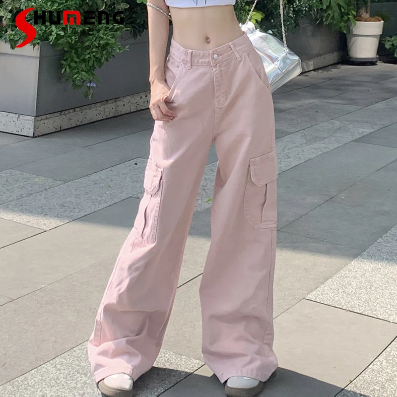 Sweet Cargo Baggy Pink Large Pockets Jeans 2024 Summer American Loose Women\'s High Waisted Straight Wide Leg Denim Mop Trousers