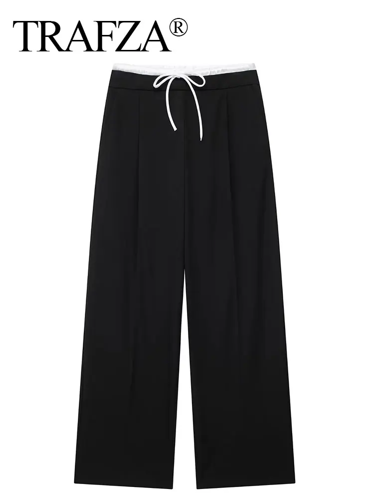 TRAFZA Pant For Women Splice Design Pants Drawstring Straight Pant Casual Loose Wide Leg Trousers 2024 Spring Solid Basic Pants