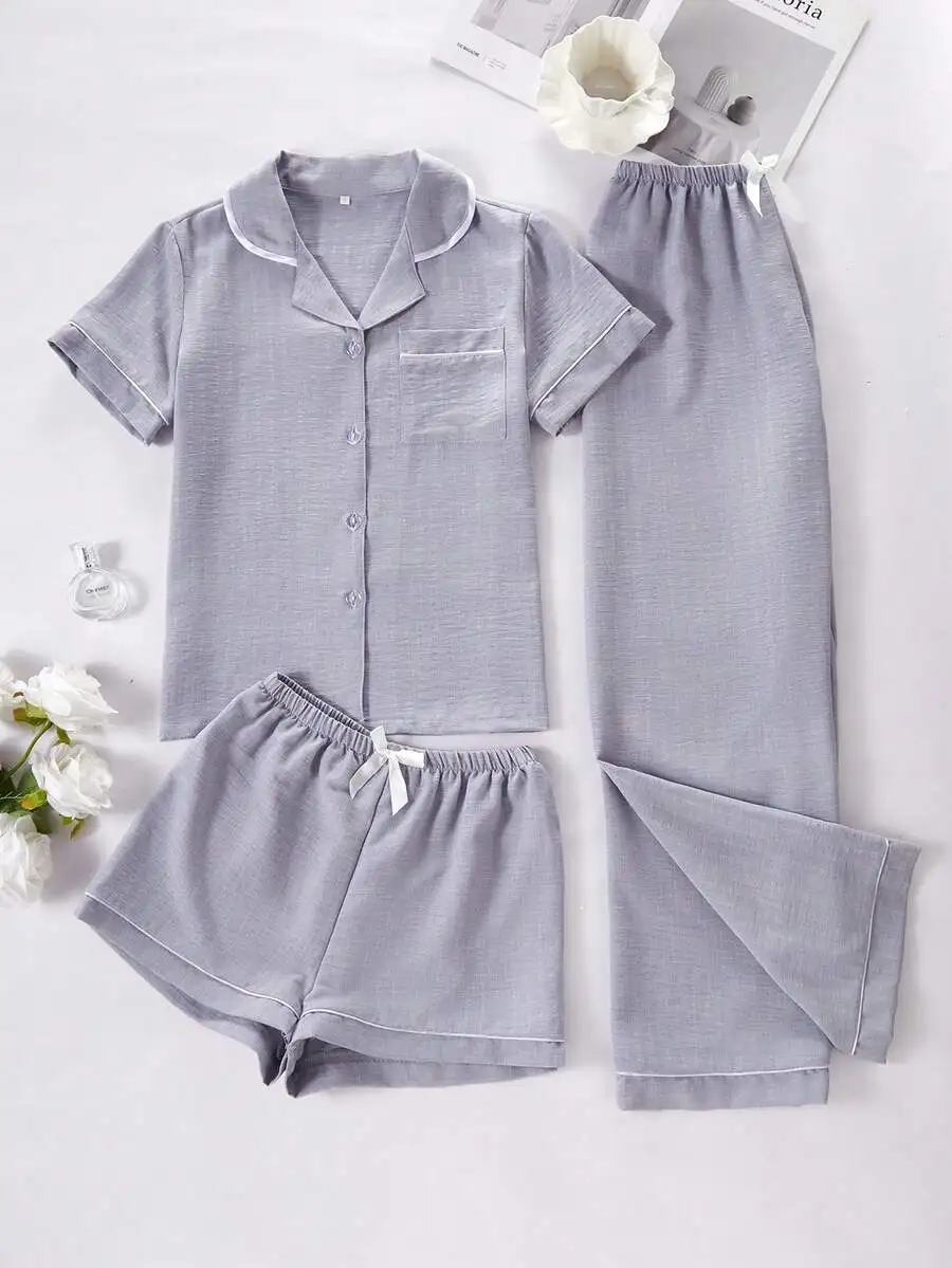 

3pcs Women Summer Pajama Set Solid Color Short Sleeve Top With Pocket Loose Sleepwear Shorts And Pants
