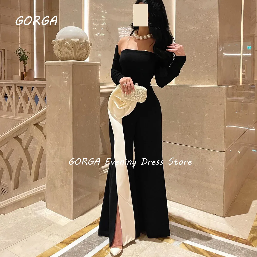 GORGA Black 3D Flowers StraplessMermaid 2024 Slim Crepe Long Sleeve Ocassion Gown Floor-Length Formal Evening Dress