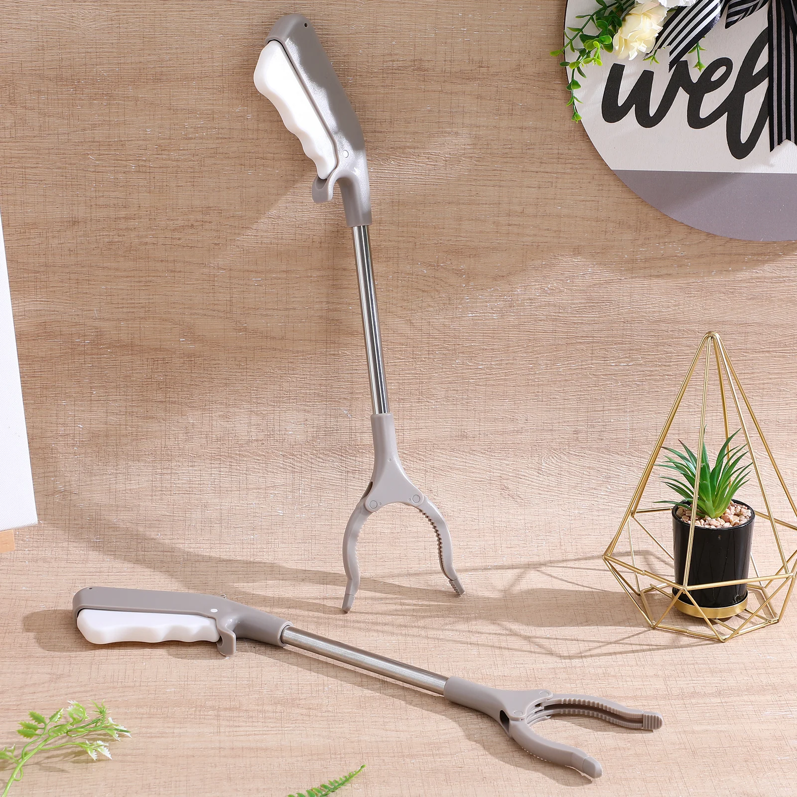 2Pcs Stainless Steel Trash Clamp Reinforced Durable Garbage Grabber Tool Non-Slip Handle Pick Up Reacher for High Shelves