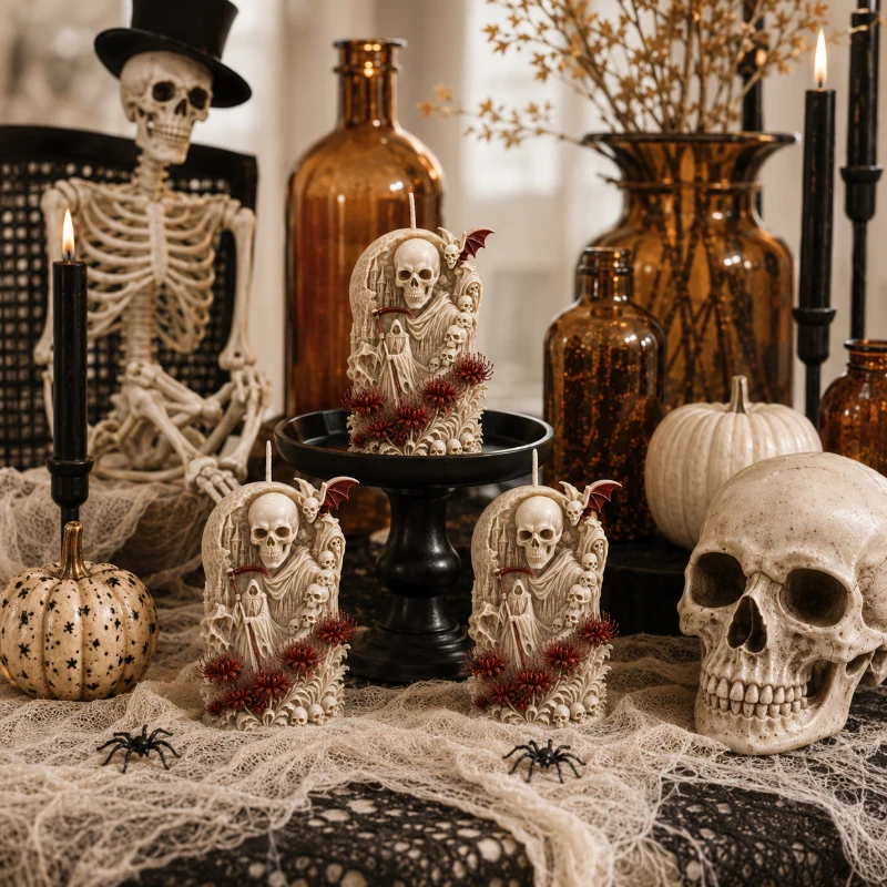 3D Grim Reaper Skull Silicone Candle Mold Gothic Death Red Spider Lily Sculpture Mold Easy Demoulding Reusable Silicone Mold for