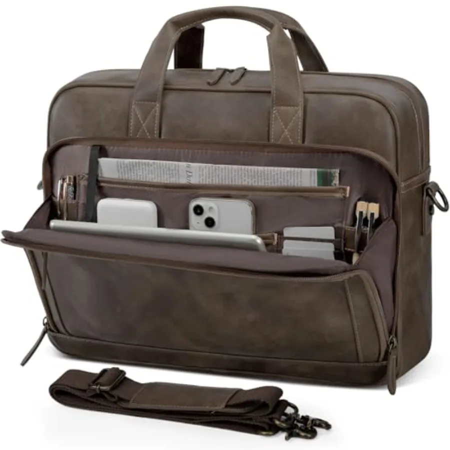 

Mens Laptop Bag 16 Inch Leather Briefcase Vintage Messenger Bag for Men Large Crossbody Shoulder Office Computer Bag Retro Coll