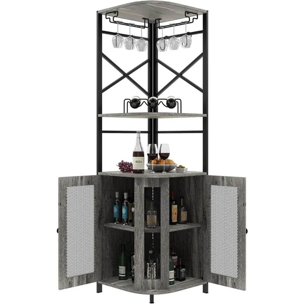 Bar Cabinet with Wine Rack and Glass Rack, Corner Cabinet with Adjustable Shelves, Home Wine Cabinet Bar,