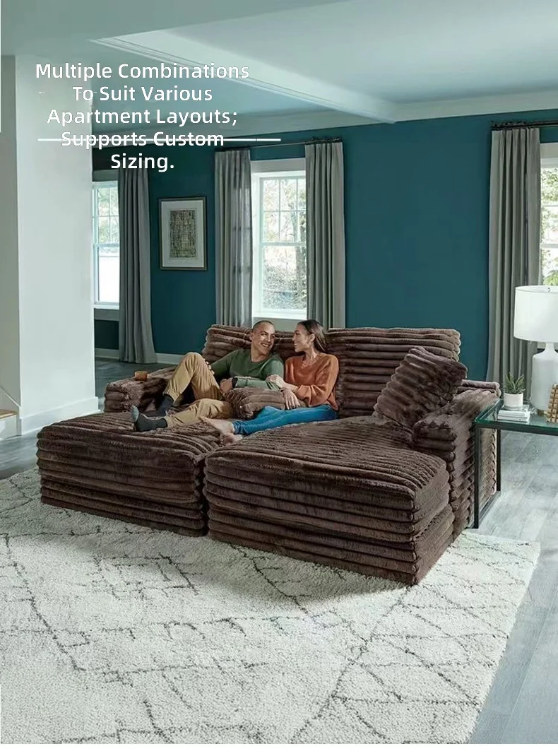 Compression Sofa Vacuum Roll-Packed, Striped Fabric Sectional Sofa with High-Rebound Sponge, Home Theater & Living Room Use